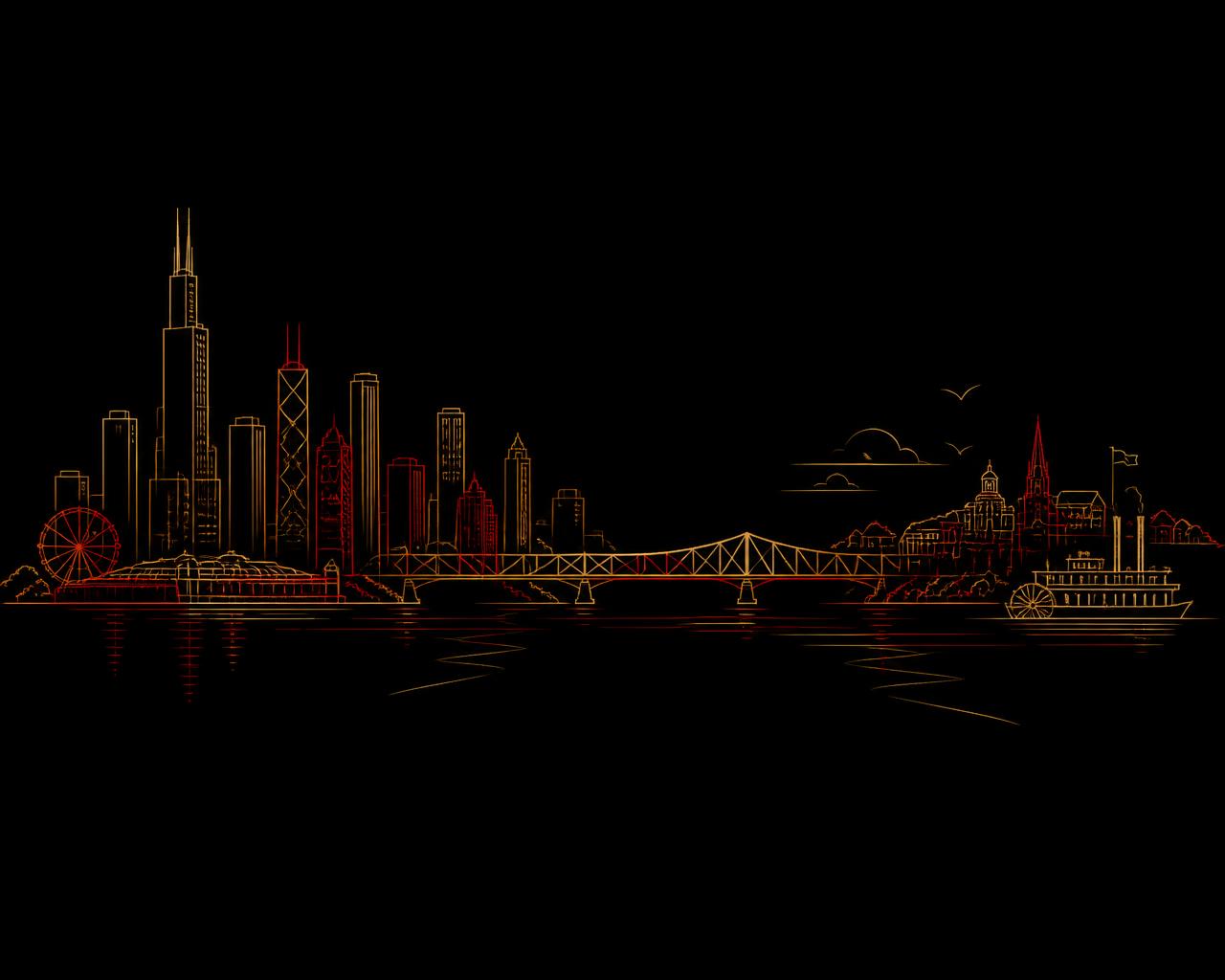 Line illustration of the Chicago skyline blending into a river town skyline
